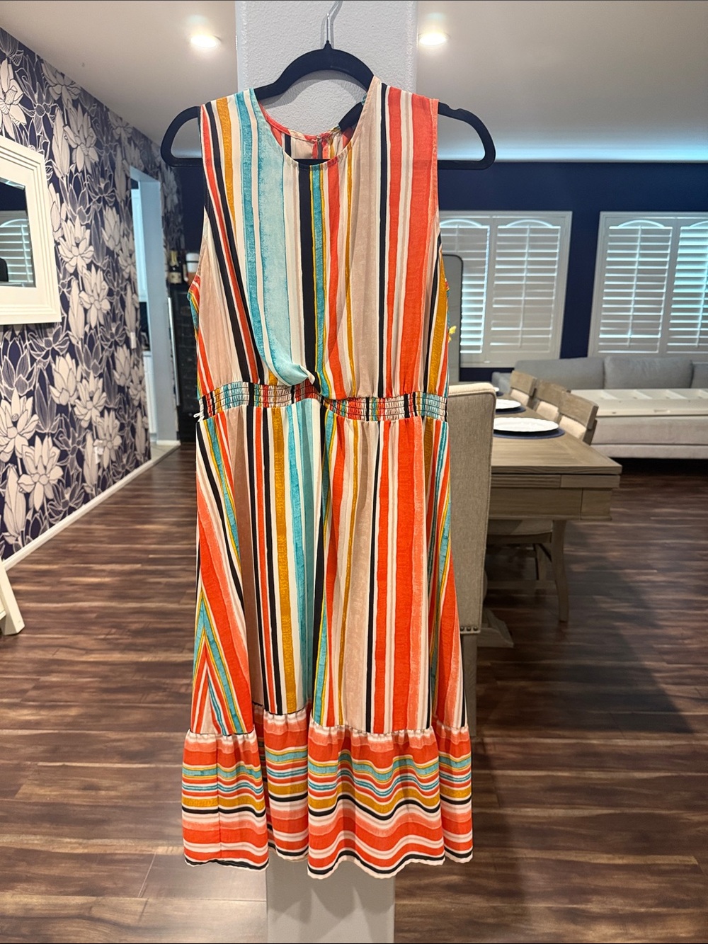 Sleeveless Multicolor Striped Midi Dress - Vibrant Orange & Teal